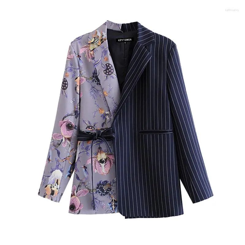 Kvinnors kostymer Kvinnor Fashion Office Wear Floral Print Patchwork Blazer Coat Vintage Pockets With Belt Female Outerwear Chic Tops