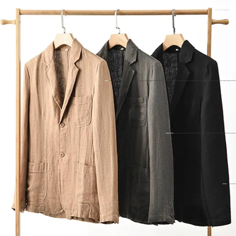Ternos masculinos Blazer de linho masculino, ajuste regular, dois botões, casaco esportivo sólido, leve, comercial, elegante, fino, respirável, jaquetas masculinas