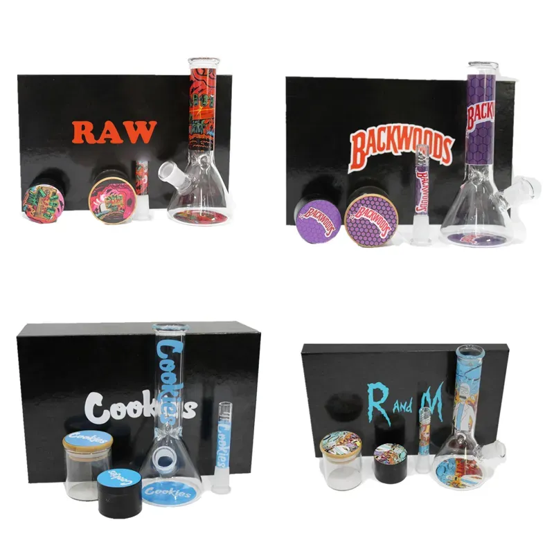 Smoke Set Smoking Personalized RAW Design Glass Bong Hookah Kit Thick Water Pipe With Herb Tobacco Grinder Storage Tank Accessories Smoke Bongs Set Dab Rig