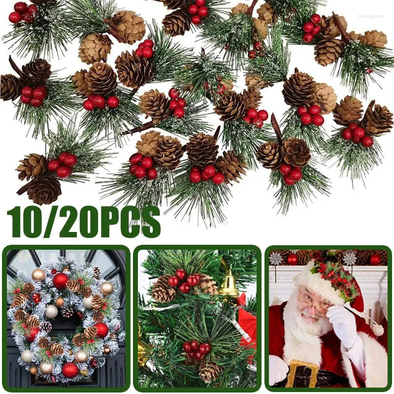 Flores decorativas 10/20 piezas piñas de Navidad ramas de agujas de pino con tallos de bayas rojas artificiales para guirnalda de árbol de Navidad manualidades regalos