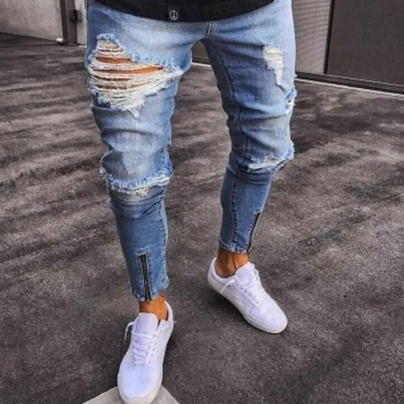 Skinny Jeans Light Blue Black Ripped Stretch Men's Pencil Pants Premium Brand Ropa Hombre S-XXXL Trousers Men 230316 L230726