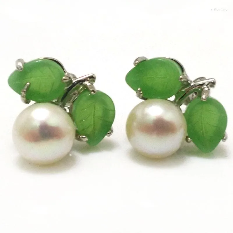 Boucles d'Oreilles Clous 8-9mm Blanc Naturel Vert Feuille de Jade Bouton Perle Boucle d'Oreille