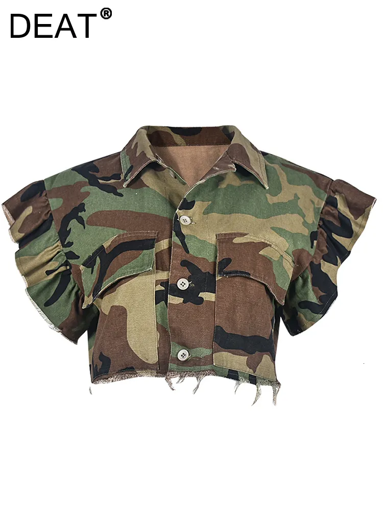 Frauen Jacken DEAT Mode Frauen Jacke Drehen unten Kragen Schmetterling Hülse Einreiher Camouflage Print Kurzen Mantel Frühling 2023 17A7035 230725