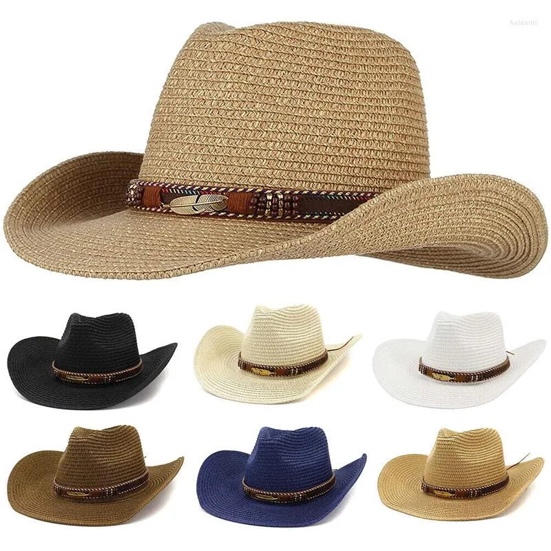 Berets Western Straw Cowboy Hat Men Kobiety Summer Outdoor Seaside Beach Fashion Solid Color Big Brim Sun Fishing Cap Unisex