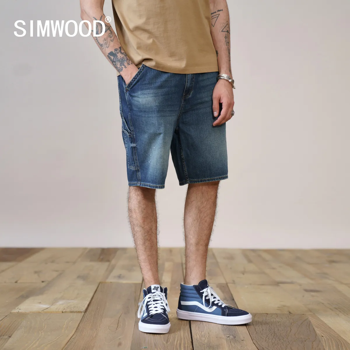 Simwood 2022 Sommar Ny Loose Fit Workwear Men's Carpenter Kort överdimensionerad last denim Shorts Jeans Plus Size Kvalitetskläder