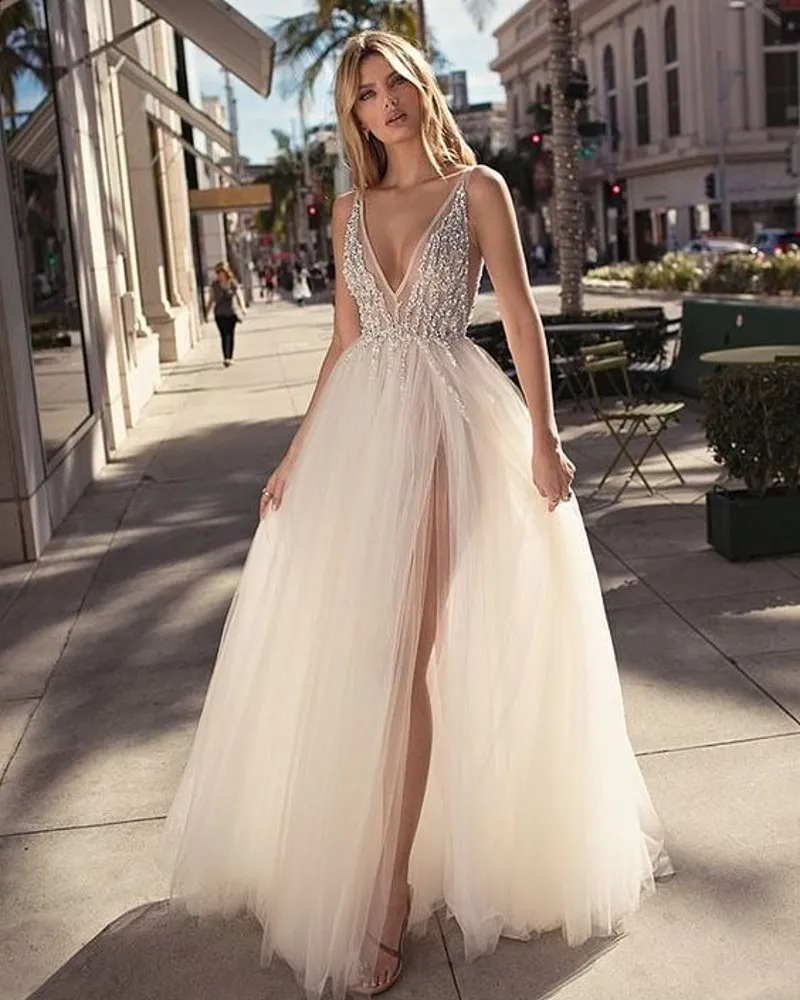 Beach Wedding Dresses 2023 Sexy Side Split Beaded Deep V Neck Backless Bohemian Bridal Gowns Floor Length Vestido De Novia