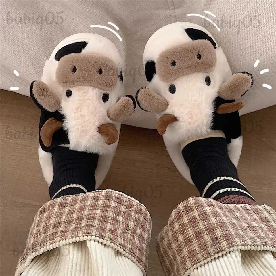 Slippers Comwarm Cute Animal Furry Slipper For Women Girls Fashion Fluffy Winter Warm Slippers Woman Cartoon Milk Cow Home Cotton Shoes babiq05