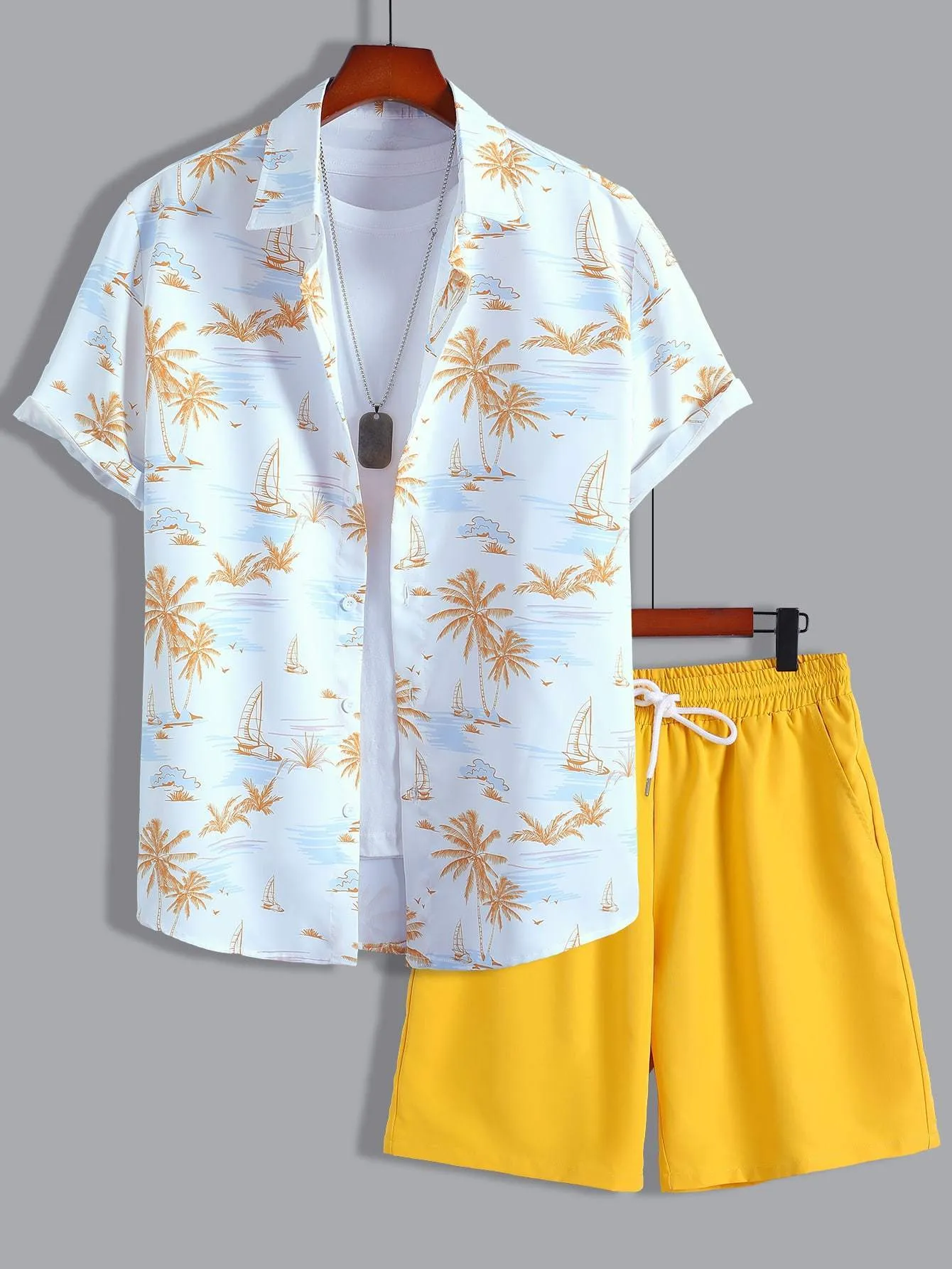 Chándales para hombre Camisa con estampado tropical al azar Pantalones cortos con cordón en la cintura sin camiseta 230725