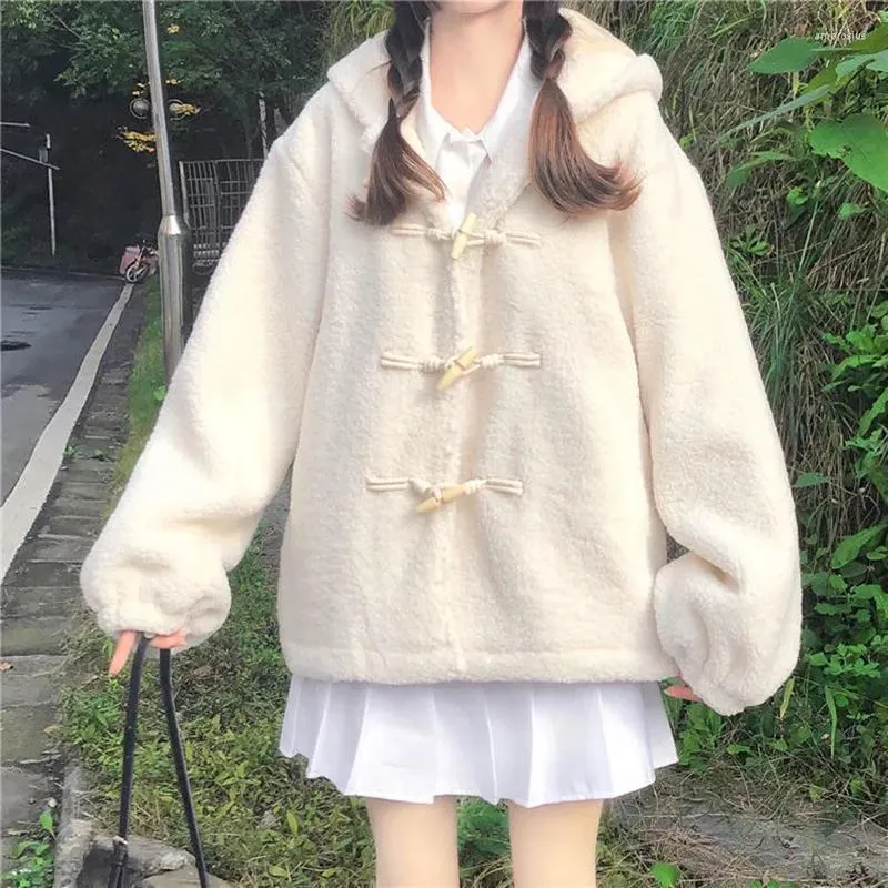 Vestes pour femmes Automne Hiver Plus Velours Épais Japonais Doux Fille Kawaii Oreilles En Peluche Agneau À Capuche Cardigan Varsity Veste Femmes Top