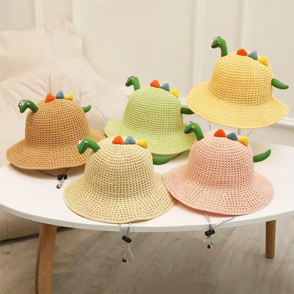 Casquettes Chapeaux Été Bébé Chapeau De Soleil pour Garçons Filles Dessin Animé Dinosaure Grenouille Dentelle Paille Enfants Chapeau De Soleil Enfants Voyage Vacances Panama Chapeau 230725