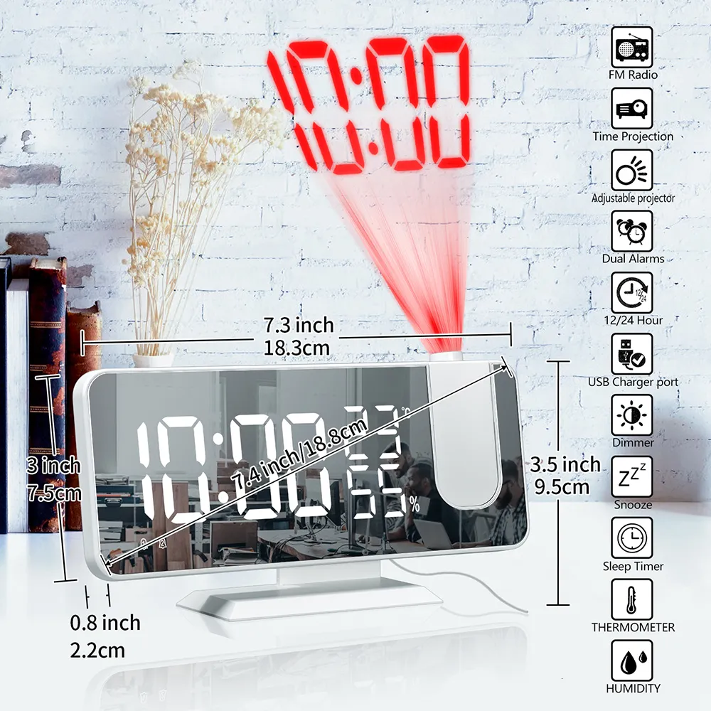 Skrivbordklockor FM Radio LED Digital Smart Alarm Clock Watch Table Electronic Desktop Clocks USB Wake Up Clock med 180 ° Time Projection Snooze 230725