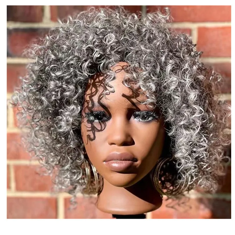 Black and white mixed grey dark roots spiral curl kinky curly salt and pepper wig none lace breahtable cap with bang short bob hairstyle