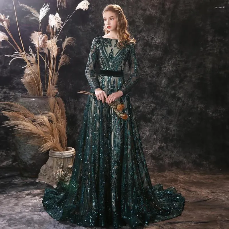 Party Dresses Beauty-Emily 2023 Luxurious Scoop Long Evening Green Mermaid Sleeve Sequined Prom