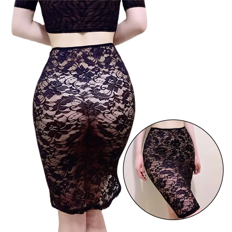 Femme Sexy dentelle voir à travers jupe sexe en plein air Push Up pansement court mince transparent évider érotique Clubwear Mini vêtements