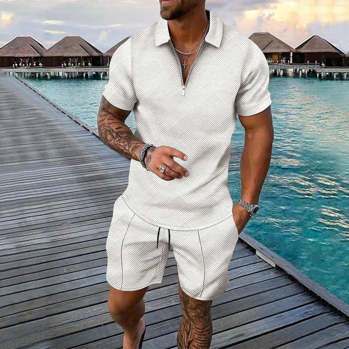 Chandales De Los Hombres Moda De Verano De Alta Calidad Traje De Hombre Con Cremallera Polo De Gran Tamano Conjuntos De 2 Piezas Para Hombres Trajes De Jacquard Deportivos Casuales S 3XL
