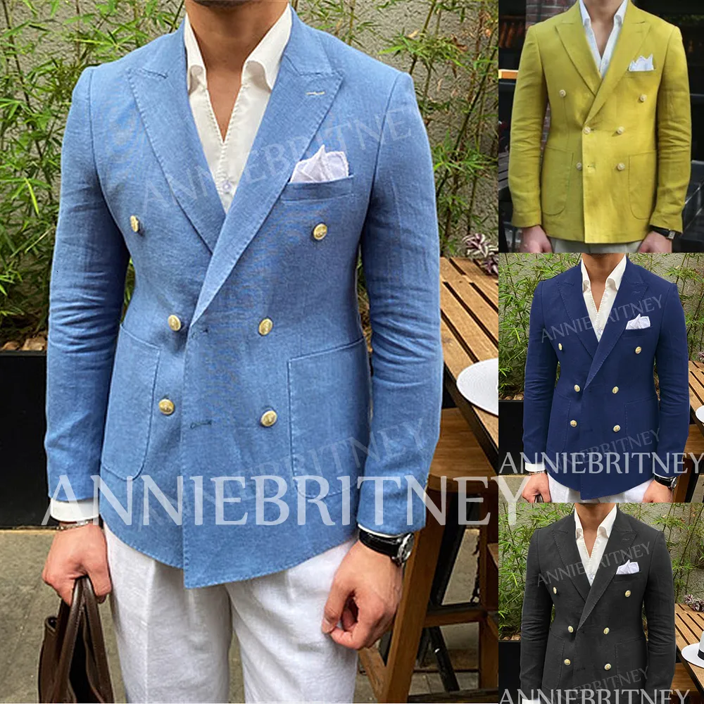 Men's Suits Blazers Summer Beach Linen Blazer Hombre Glod Double-breasted Casual Men's Jacket Slim Fit Men's Social Coat Custom Made Veste Homme 230725