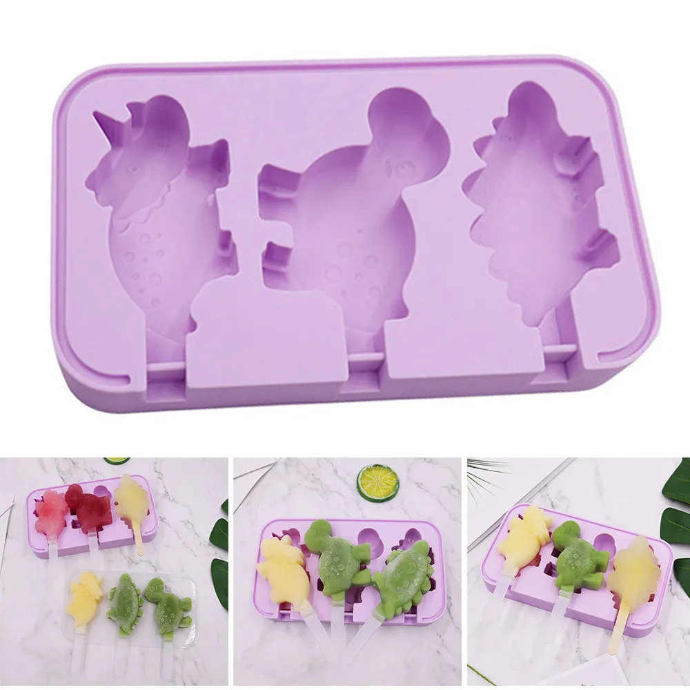 Glassverktyg Silikon stencil dinosaurform med 6 pp stick Easy Release 4 färger multifunktionell glassform popsicle xqmg 230726