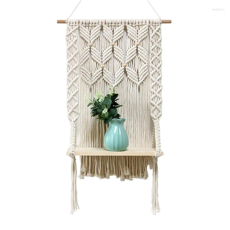 Tapestries Wall Hanging Decorative Shelves Handwoven Macrame Tapestry Wooden Rack Flower Pot Vase Ornament Storage Holder Home Decor