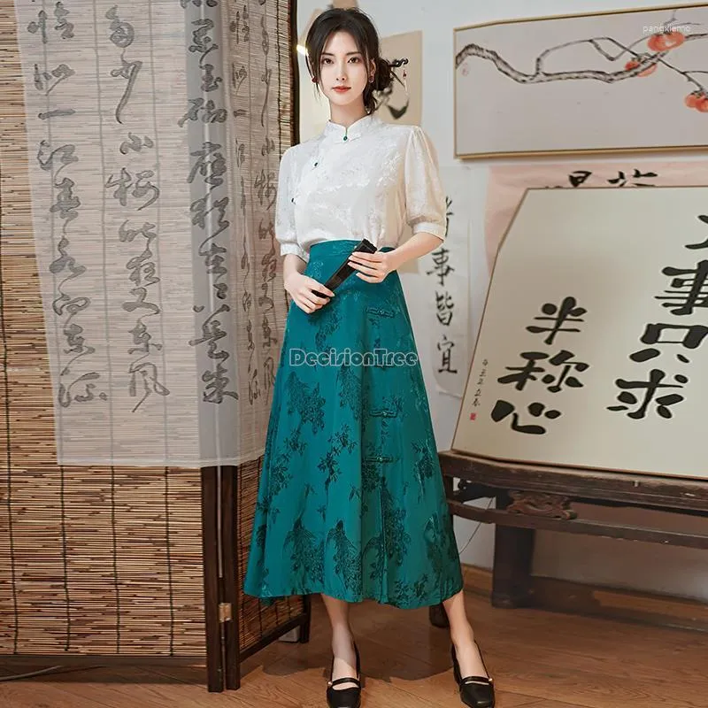 Abbigliamento etnico 2023 Gonna mezzo corpo stile nazionale cinese Jacquard blu Vita alta A-line Fibbia a fessura Set Qipao in due pezzi retrò