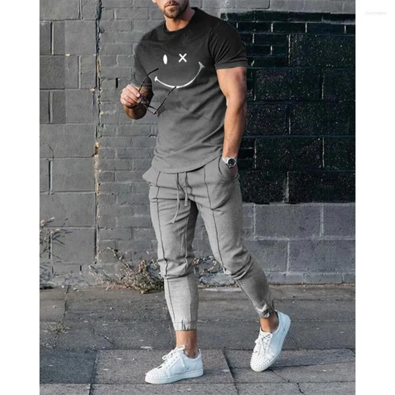 Herren-Trainingsanzüge, Sommer-T-Shirt, Set mit Ärmeln, täglicher lässiger 2-teiliger 3D-Smilin-Gesichtsdruck, modischer, cooler Streetwear-Anzug