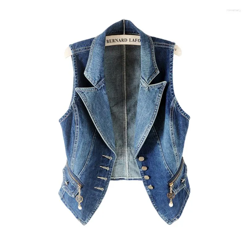 Damenwesten Frühling Sommer Vintage Blauer Anzugkragen Tasche Jeansweste Frauen Dünne Kurze Cowboyweste Lässige ärmellose Jeansjacke