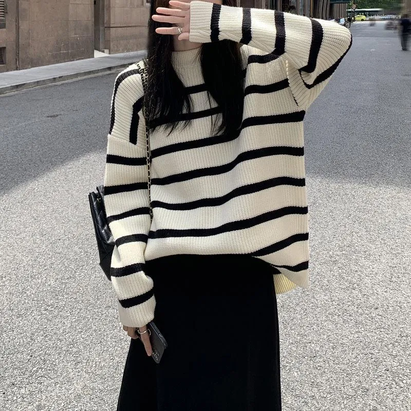 Women's Sweaters Knitwears Women Sweater Mujer Pullovers Black And White Striped Female Loose Fund Of Winters Knitting