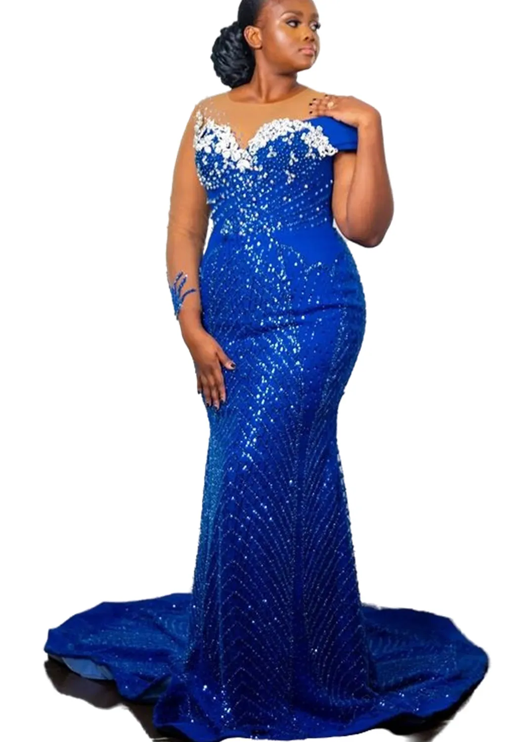 2023 Aso Ebi Bleu Royal Sirène Robe De Bal Perlé Cristaux Soirée Formelle Partie Deuxième Réception Anniversaire Robes De Fiançailles Robes Robe De Soirée ZJ764