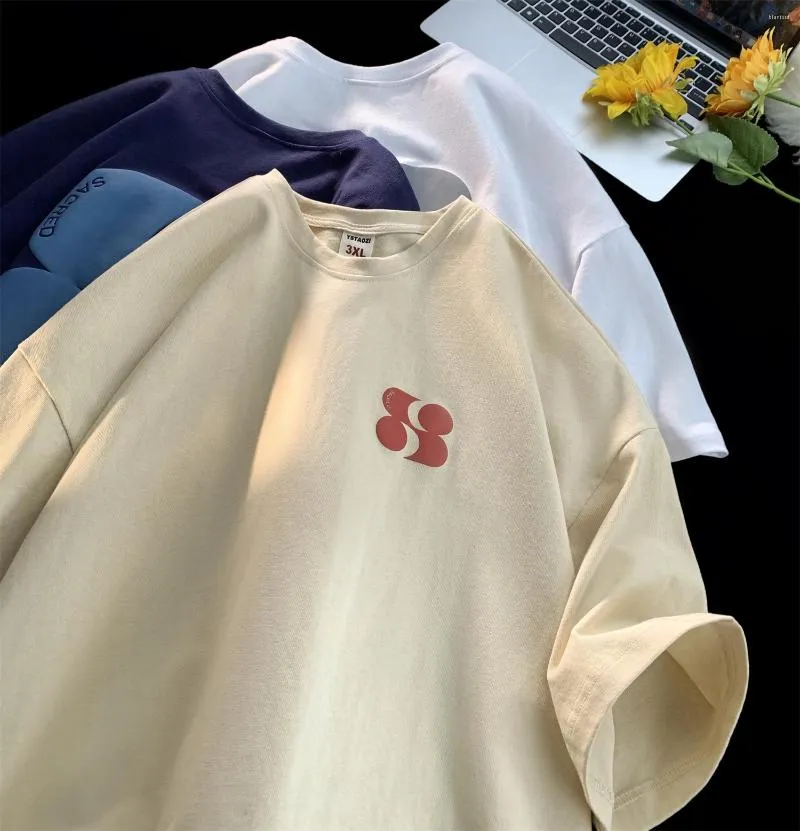 Męskie koszulki T-shirty nadrukowane morelowe koszulka z krótkim rękawem na letni czysty bawełniany mały dekolt waga ciężka etykieta mody ponadwymiarowa