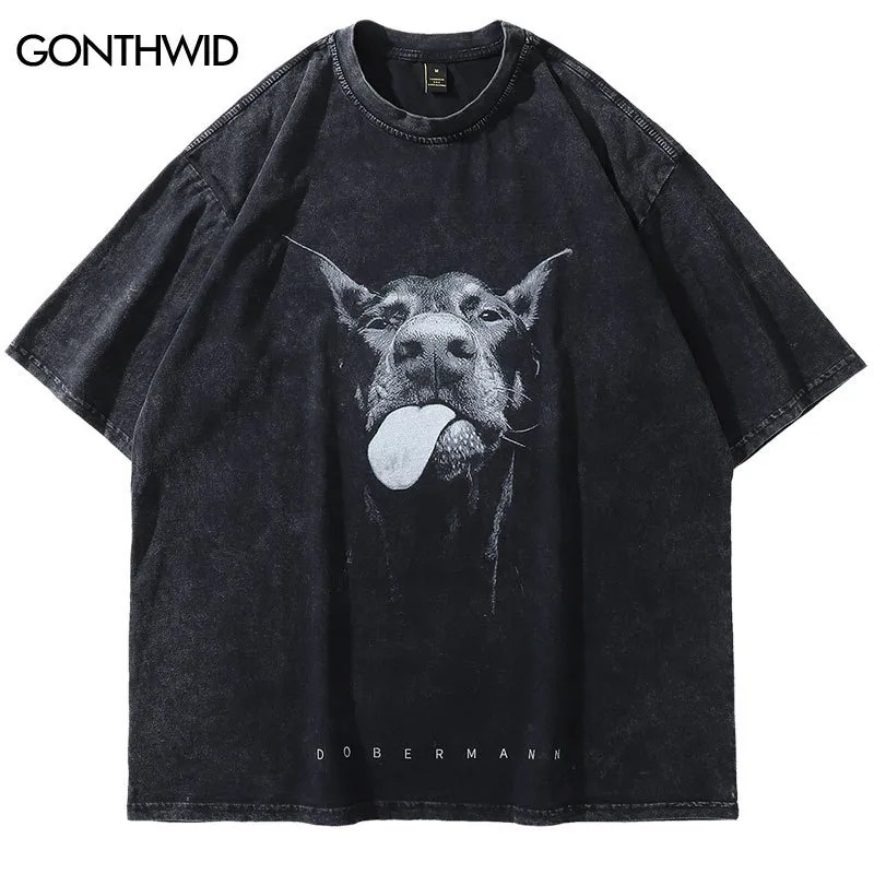 T-shirts pour hommes Vintage Oversize T-shirt Y2K Hip Hop Dobermann Dog Animal Graphic Print Lavé Streetwear Tshirt 2023 Harajuku Mode Loose Top 230725