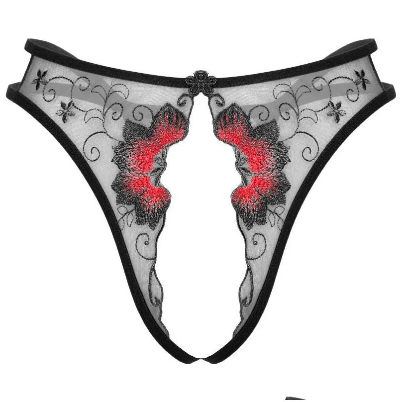 Calcinha feminina Tanga de renda aberta na virilha Lingerie erótica Tanga feminina de malha transparente Cintura baixa sem virilha bordada G-Stri Dhkaj