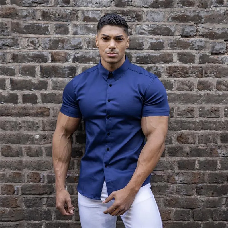 Men's Dress Shirts Summer Fashion Lapel Short Sleeve Men Slim Casual Social Business Shirt Gym Fitness Breathable Quick Dry Thin Cool