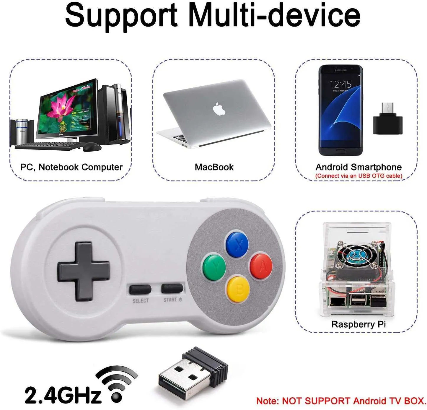 Wireless Gamepad Controller 2.4GHz USB Joystick for NES SNES Retro ...