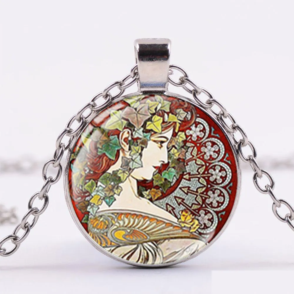 Anhänger Halsketten Retro Pos Alphonse Mucha Halskette Thema Handgemachte Runde Kristall Kreative Frauen Lange Kette Geschenke Drop Lieferung Schmuck Dhq2K