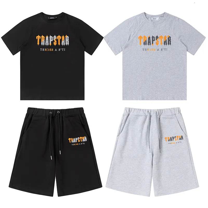 Herrspårspår Trapstar Spring och Summer Orange Grey Thandduk broderad bomull Högkvalitet Sport T -shirt Shortsleeved Shorts Suit 230727