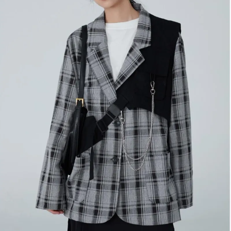 Damen Anzüge Blazer Mode Plaid Set Streetwear Weste Dünne Grafik Sinn Kette Lose Kerbe Einreiher Blazer Weste Zwei Stück 230727