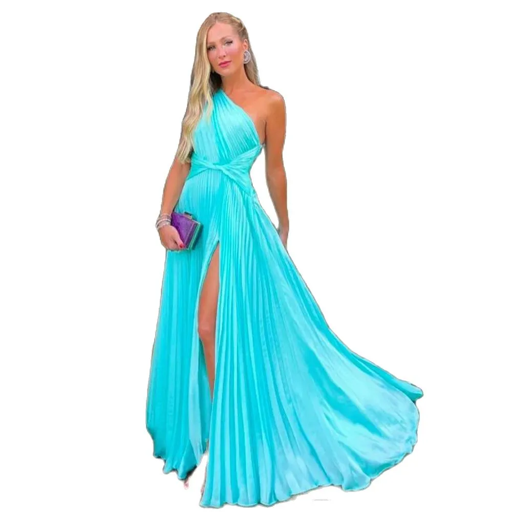 Bleu une épaule une ligne robes de bal pli côté fendu en mousseline de soie robe Maxi longueur de plancher femmes robe de soirée d'été 326 326