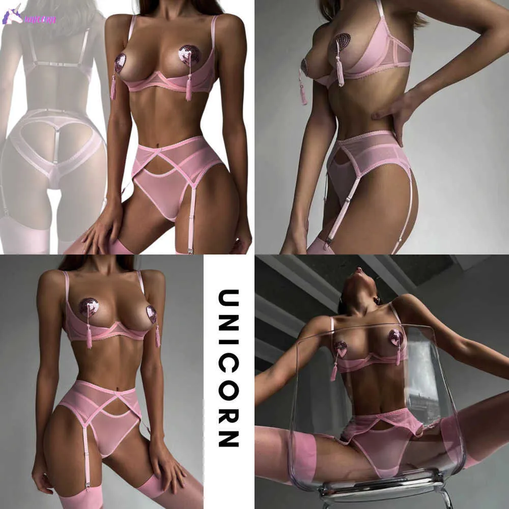 NXY Pink Lingerie erotica Reggiseno aperto Kit Push Up Sexy Biancheria intima sensuale Love Hollow Crotchless Mutandine Giarrettiera Intima See Through Set 230717