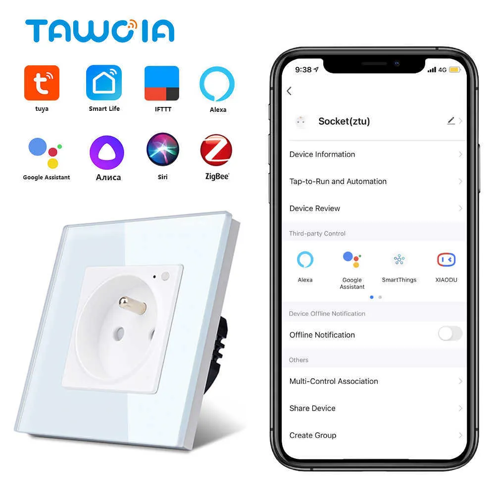 Smart Power Plugs TAWOIA Zigbee Wall Socket French Standard Glass Power Sockets Electrical Outlet Work With Alexa Tuya Home Yandex HKD230727