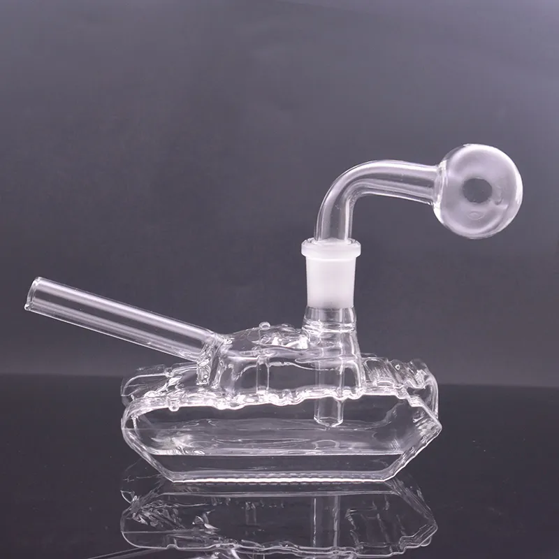 Venta al por mayor Forma de TANQUE Quemador de aceite de vidrio Bong Bubbler Pipa de agua para fumar 14 mm Hembra Dab Rig Bong Ash Catcher Hookah con tubería de quemador de aceite macho