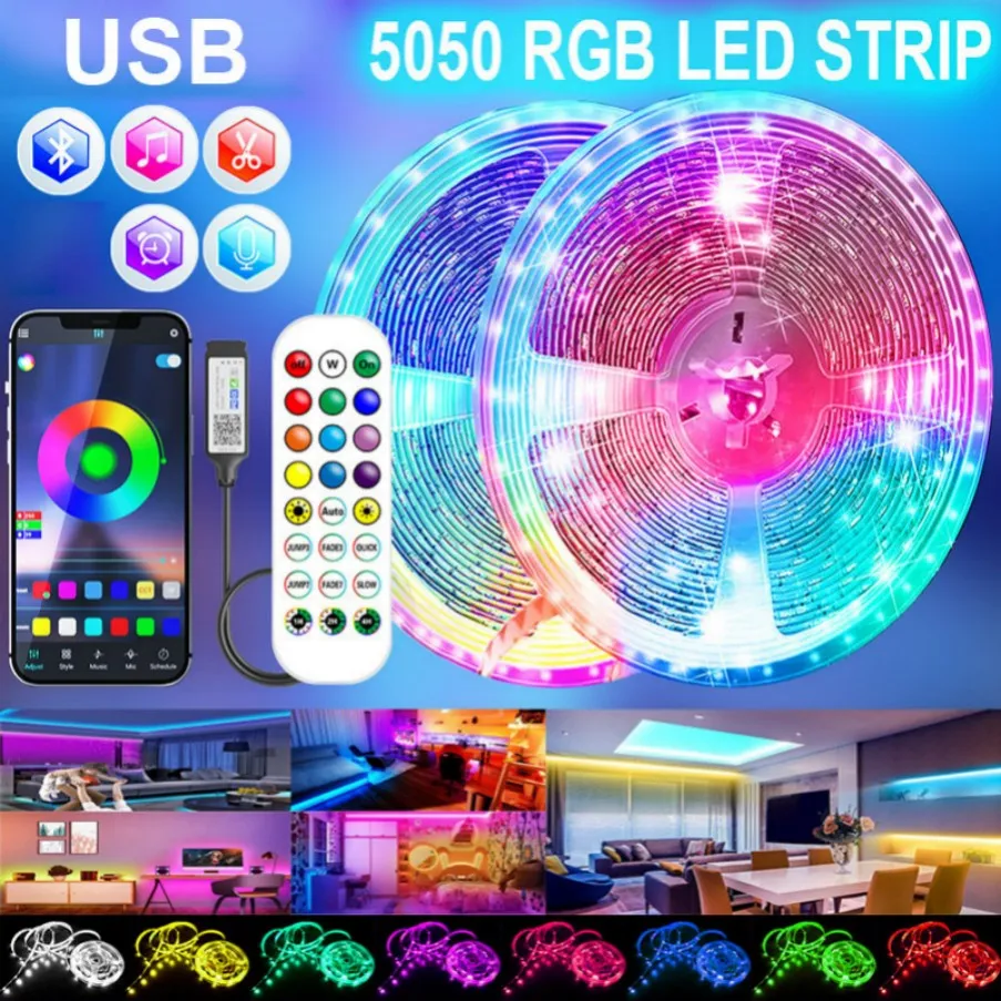 LED -stripverlichting RGB App Regel Kleur Veranderende lichten met 24 toetsen Remote Mode Bluetooth Controller Lintverlichting voor kamerdecoratie Bluetooth TV SMD5050