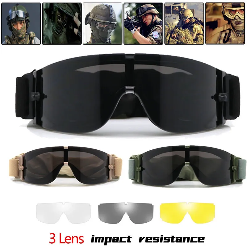 Occhiali da esterno 3 lenti Occhiali tattici militari Set Forze speciali Occhiali antivento Moto Cs Tiro Protezione sicura Escursionismo Prova di sabbia 230726