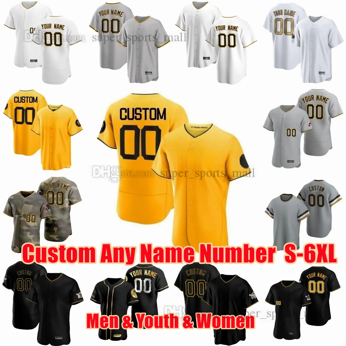 S-6XL JRoberto Clemente Willie Stargell Maglia da baseball Austin Hedges Rich Hill Colin Holderman Connor Joe Mitch Keller Personalizzato Qualsiasi nome Numero Uomini Giovani Donne