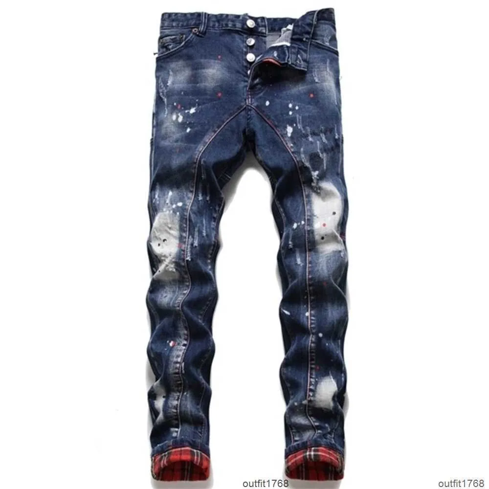 Calças masculinas de marca européia italianas slim dsq jeans com zíper azul buraco lápis calças jeans masculinas