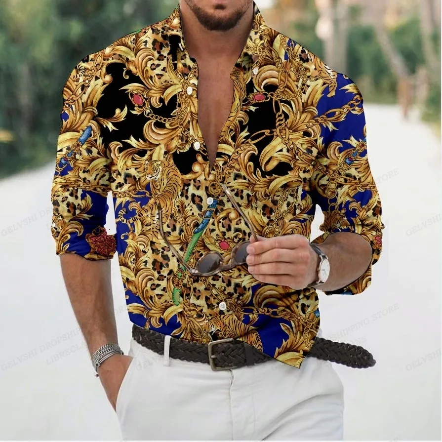 Męskie koszule zwykłe luksus luksusowe hawaje męskie koszulę mody długie rękawy bluzki plażowe bluzka odzież obróć obrońcę