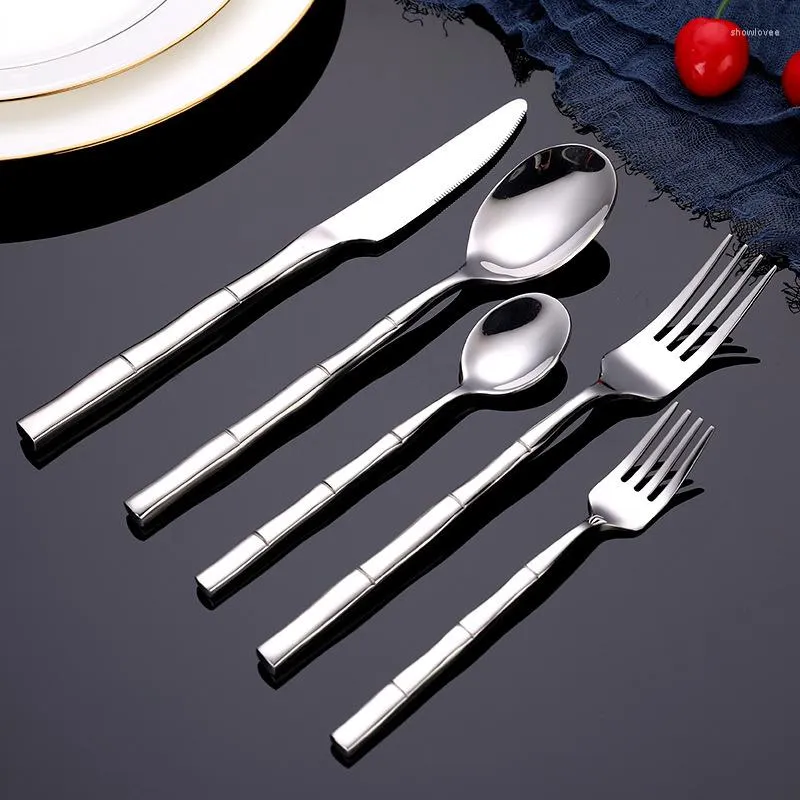 Ensembles de vaisselle 24/30 pièces bambou or couverts ensemble vaisselle miroir poli argent dîner couteaux Dessert fourchettes goutte