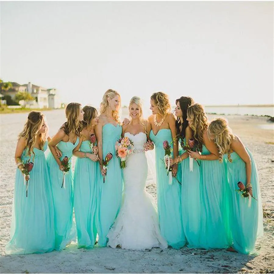 Turquoise Lange Bruidsmeisjekleding 2019 New Fashion Sweetheart Ruches Lijfje Floor Lengte bridemaids Jurk Voor Strand bruiloft 192U