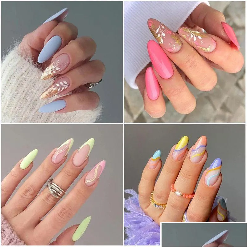 Valse Nagels 24Pcs Amandel Kort Frans Ontwerp Druk Op Kunstmatige Ballerina Fl Er Nep Nagel Tips Drop Levering Gezondheid Schoonheid Art Salon Dh7Sv