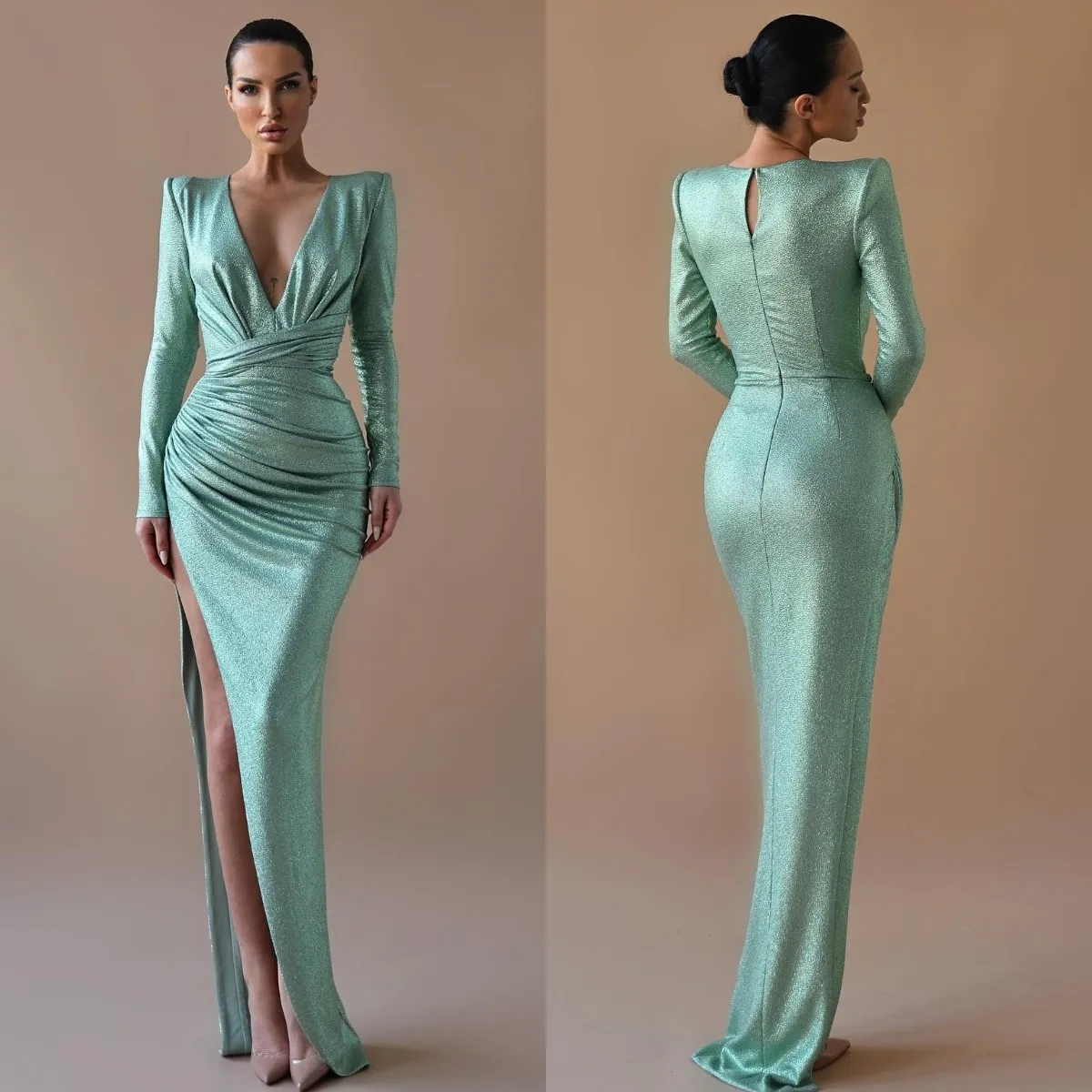 Elegant Mint Green Evening Dresses V Neck Sleeves paljetter Party Prom Long Dress for Red Carpet Special OCN