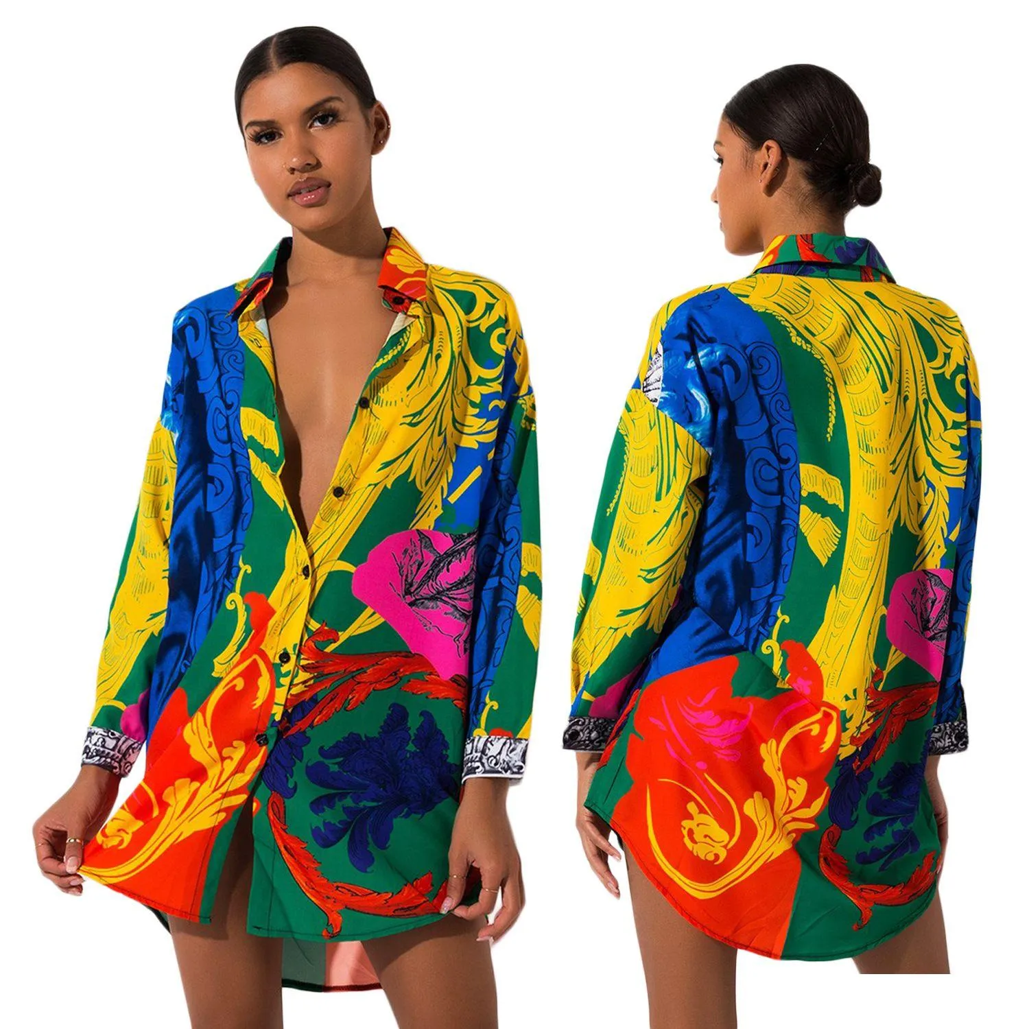 Robes Décontractées De Base Nouvelle Mode Femmes Chemise Robe À Manches Longues Vestidos Designer Colorf Peint Une Pièce En Gros Vêtements Drop De Dhphz