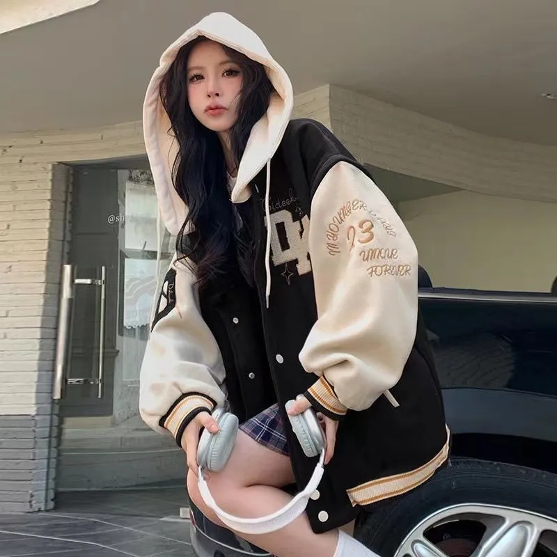 Womens Jackets Street Fashion Selling Letter Embroidery Hooded Coat Women Y2K Harajuku Style Retro Loose Baseball Uniform 230727